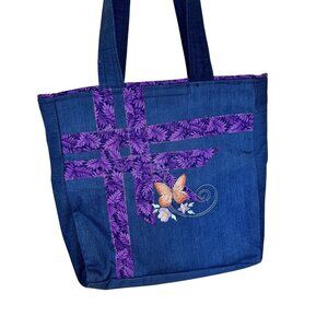 Handmade Denim Tote Bag Butterfly Embroidery Shoulder Purse Artisan Pockets